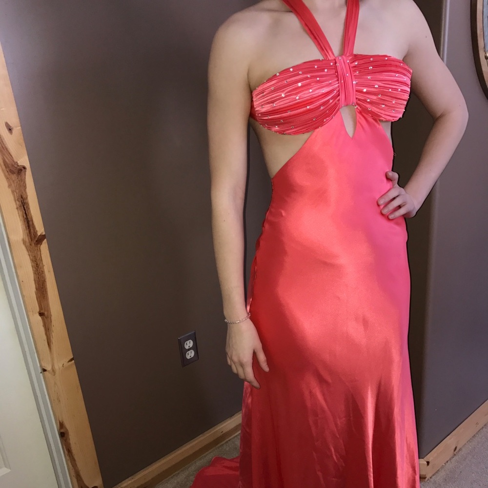 Coral, satin prom dress